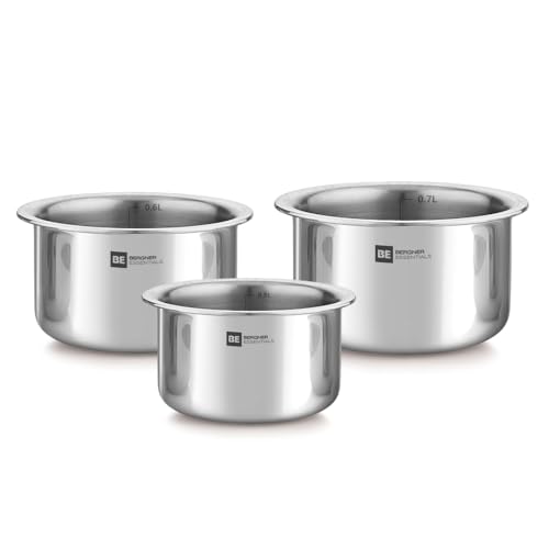 Bergner BE Essentials Tri-Ply Stainless Steel Junior Tope Set of 3 Pcs Set - 10 cm/500 ml, 11 cm/700ml, 12 cm/800ml, 3 Pc Patila Set, Topia Set, Induction Bottom and Gas Stove Ready - Image 1