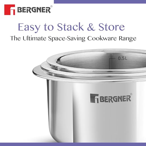 Bergner BE Essentials Tri-Ply Stainless Steel Junior Tope Set of 3 Pcs Set - 10 cm/500 ml, 11 cm/700ml, 12 cm/800ml, 3 Pc Patila Set, Topia Set, Induction Bottom and Gas Stove Ready - Image 3