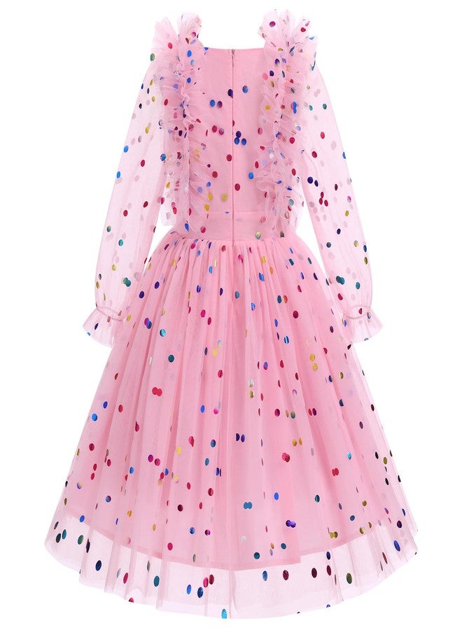 IDOPIP Toddler Girls Birthday Dresses Embroidery Floral Confetti Tulle Tutu Kid Princess Pageant Party Long Sleeve Dress 3-8T, Pink Heart, 7-8 Years - Image 2