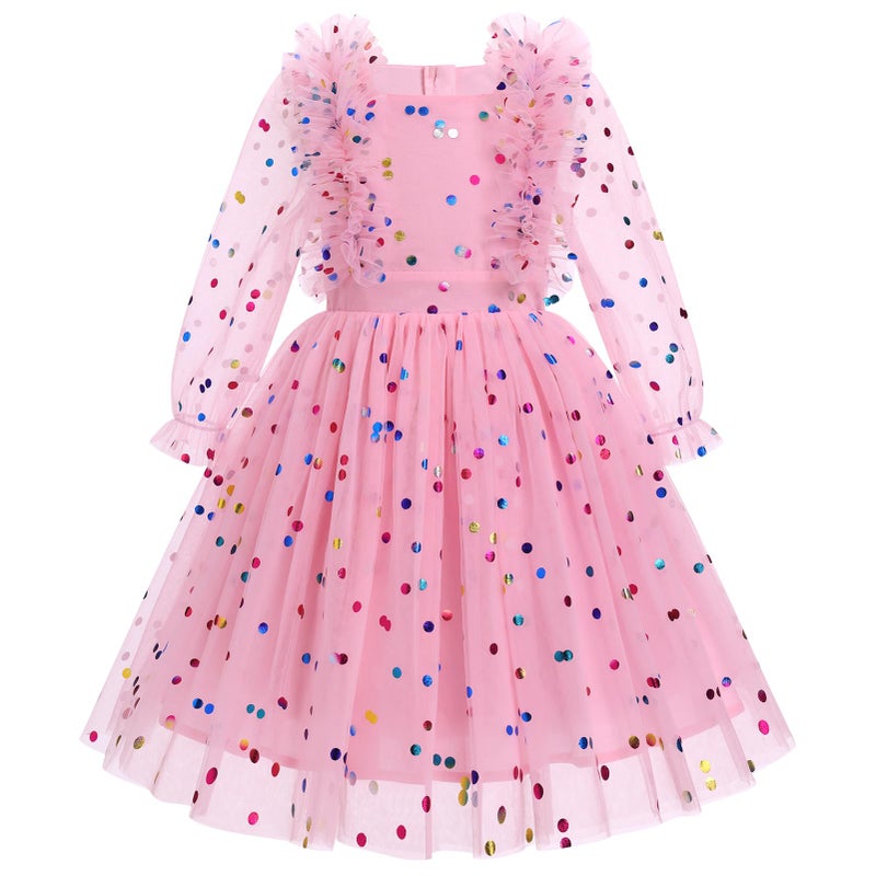 IDOPIP Toddler Girls Birthday Dresses Embroidery Floral Confetti Tulle Tutu Kid Princess Pageant Party Long Sleeve Dress 3-8T, Pink Heart, 7-8 Years - Image 1