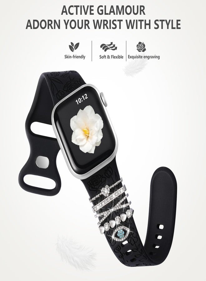 DaQin Flower Engraved Band Compatible with Apple Watch Bands 40mm for Women 38mm 41mm, Soft Silicone Sport Band With Decorative Apple Watch Charms for iWatch Series 9 8 7 6 5 4 3 2 1 SE (With Band) - Image 5