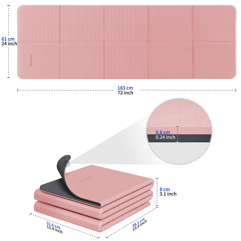 Readaeer Foldable Yoga Mat for Travel Folding Yoga Mat 6mm Thick with Carrying Bag, Non-Slip TPE Exercise Pilates Mat for 72" L x 24" W x 0.24 Inch (Pink) - Image 3