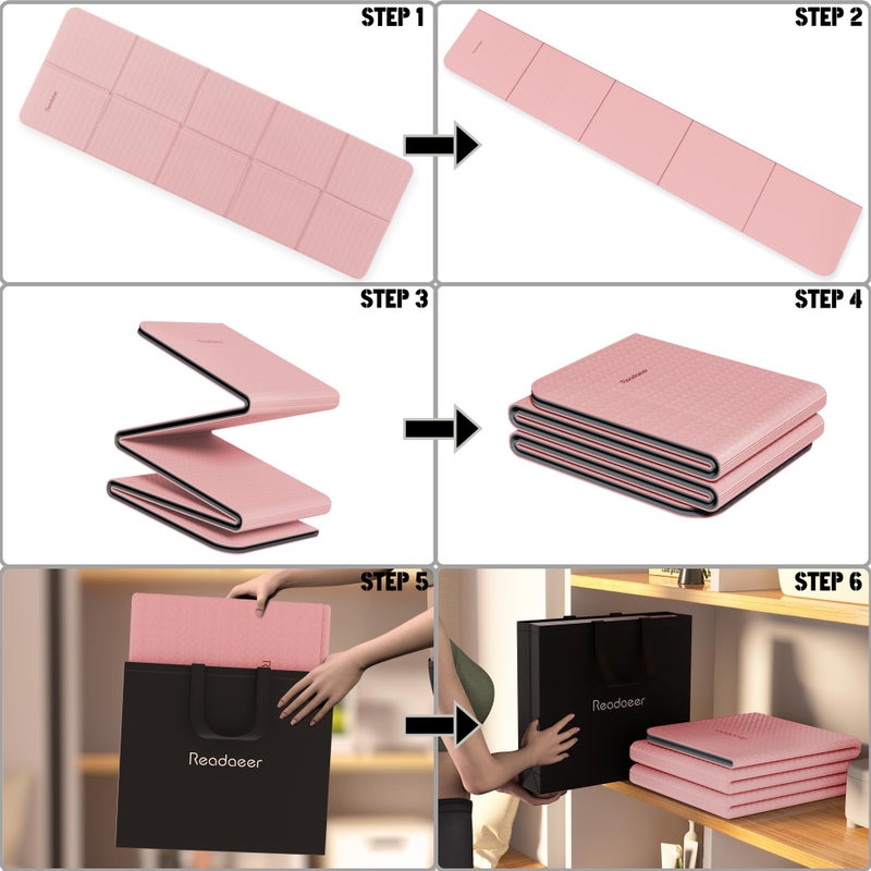 Readaeer Foldable Yoga Mat for Travel Folding Yoga Mat 6mm Thick with Carrying Bag, Non-Slip TPE Exercise Pilates Mat for 72" L x 24" W x 0.24 Inch (Pink) - Image 5
