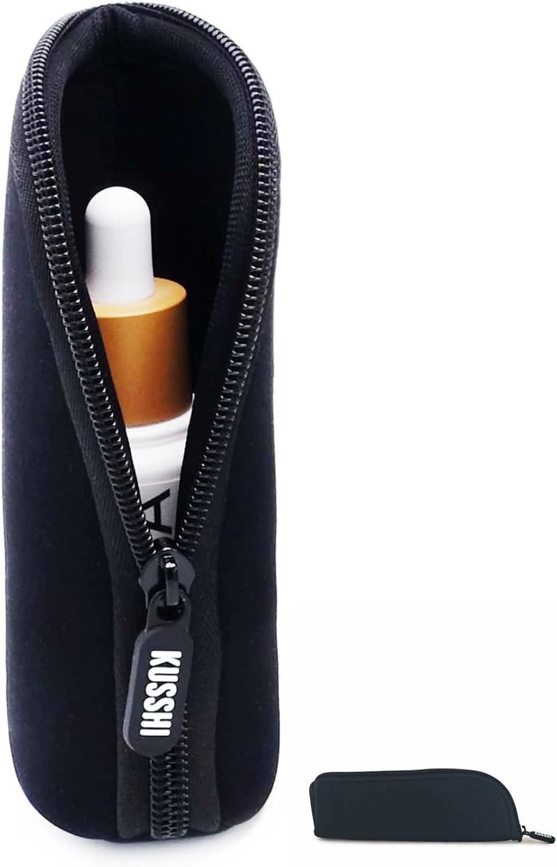 KUSSHI Neoprene Mini Makeup Pouch for Purse and Travel - Small Travel Pouch for Delicate Bottles and Beauty Items - For Foundations, Serums, Perfumes and More - Small Purse Pouch (Size S, Black)