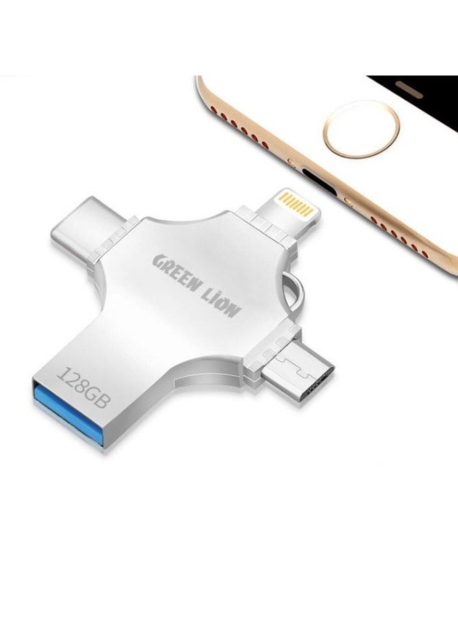 GREEN LION Green Lion 4 in 1 USB Flash Drive 128GB, USB A / USB C / Micro / Lightning Ports - Silver  - Image 1