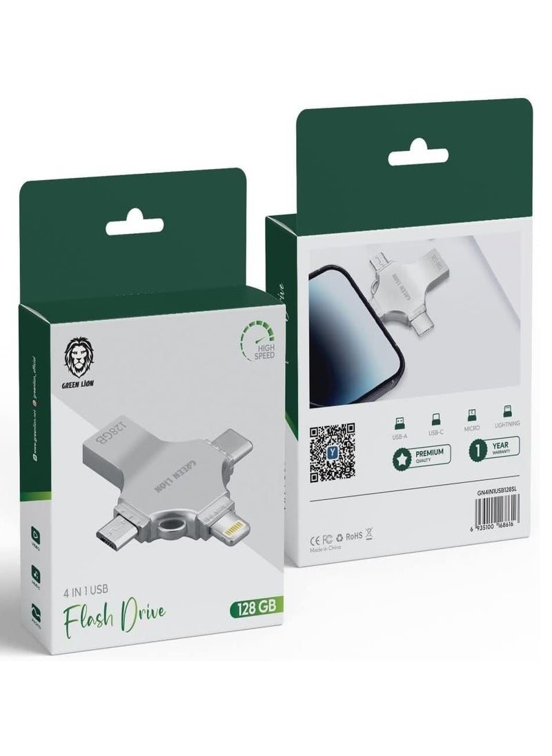 GREEN LION Green Lion 4 in 1 USB Flash Drive 128GB, USB A / USB C / Micro / Lightning Ports - Silver  - Image 2
