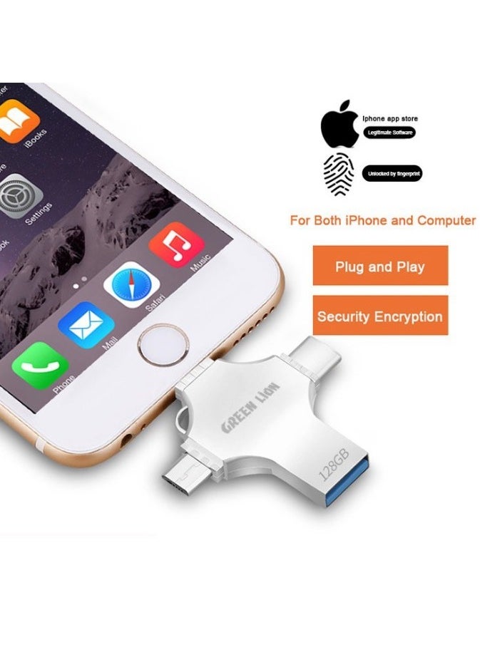 GREEN LION Green Lion 4 in 1 USB Flash Drive 128GB, USB A / USB C / Micro / Lightning Ports - Silver  - Image 3
