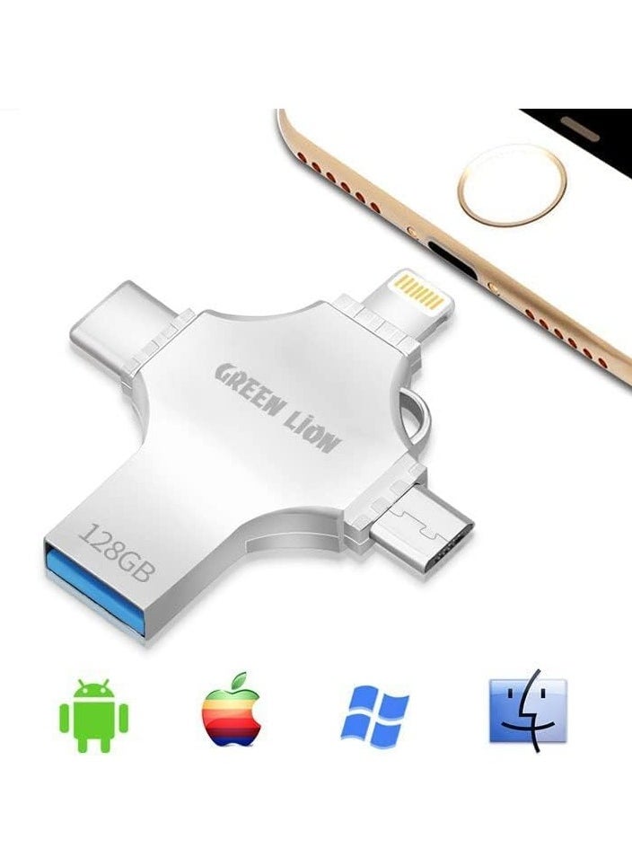 GREEN LION Green Lion 4 in 1 USB Flash Drive 128GB, USB A / USB C / Micro / Lightning Ports - Silver  - Image 5