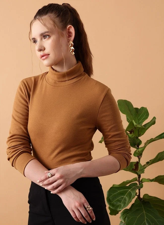 STREET 9  Fitted Turtle Neck Top for Women in Mocha for Women | Best Price UAE