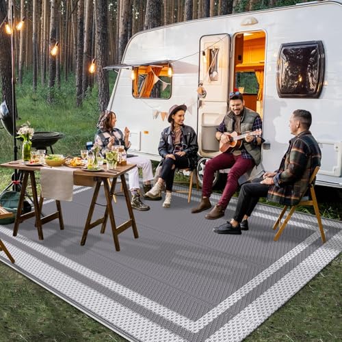 HappyTrends Outdoor Rug Reversible Portable Plastic Straw Camping Rugs for Outside RV,Large Waterproof Outdoor Area Rugs for Patio,Deck,Porch,Balcony(5'x 8',White&Gray) - Image 3