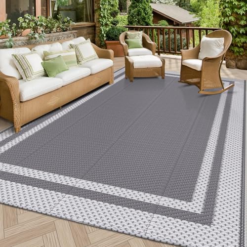 HappyTrends Outdoor Rug Reversible Portable Plastic Straw Camping Rugs for Outside RV,Large Waterproof Outdoor Area Rugs for Patio,Deck,Porch,Balcony(5'x 8',White&Gray) - Image 1
