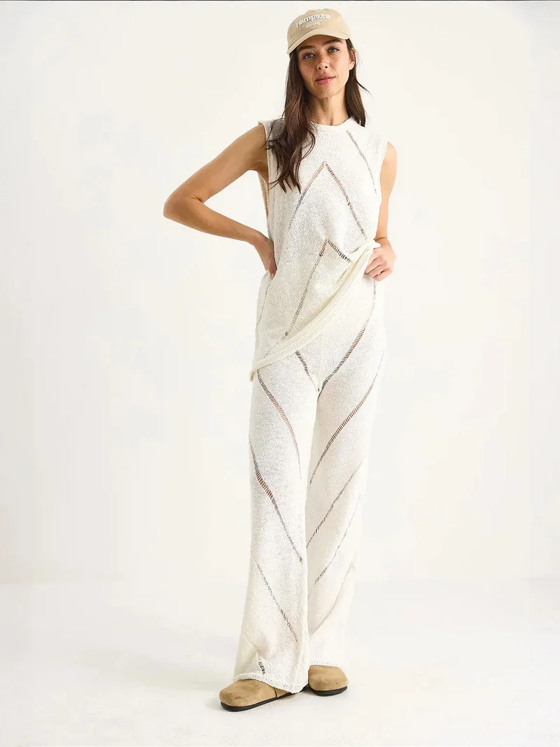 Bianco Lucci LUCCI Textured Long Two-Piece Set with Crew Neck