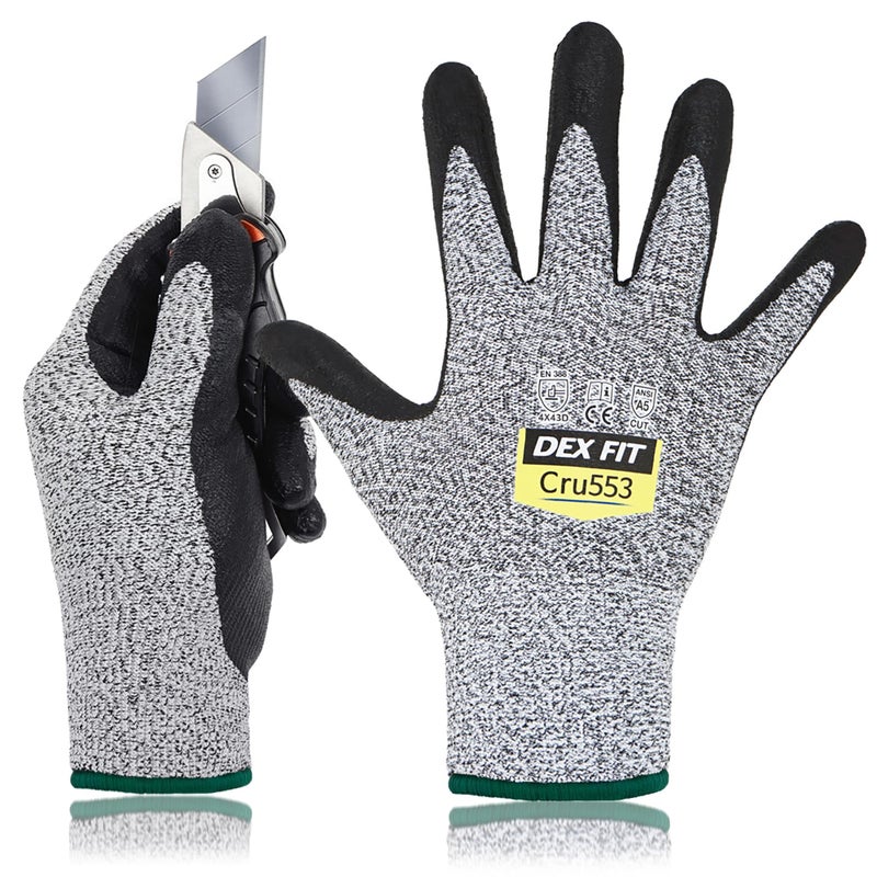 DEX FIT Level 5 Cut Resistant Gloves Cru553, 3D-Comfort Fit, Firm Grip, Thin & Lightweight, Touch-Screen Compatible, Durable, Breathable & Cool, Machine Washable; Grey M (8) 1 Pair - Image 1