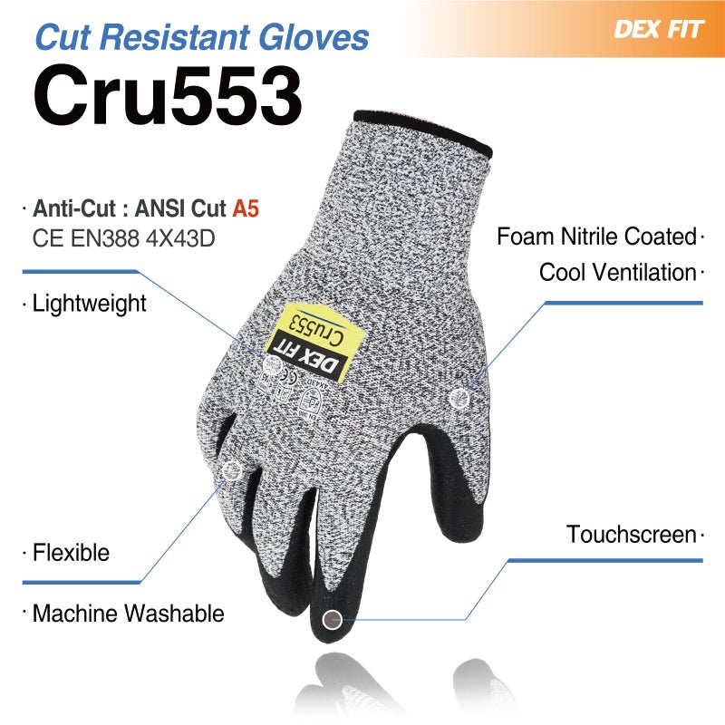 DEX FIT Level 5 Cut Resistant Gloves Cru553, 3D-Comfort Fit, Firm Grip, Thin & Lightweight, Touch-Screen Compatible, Durable, Breathable & Cool, Machine Washable; Grey M (8) 1 Pair - Image 2