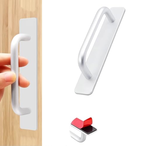 DHVSAM 1 Pcs Self Adhesive Cabinet Door Handle Stick On Handle Self Stick Drawer Pulls No Drill Black Cabinet Pulls Peel and Stick for Glass Sliding (Silver) - Image 1