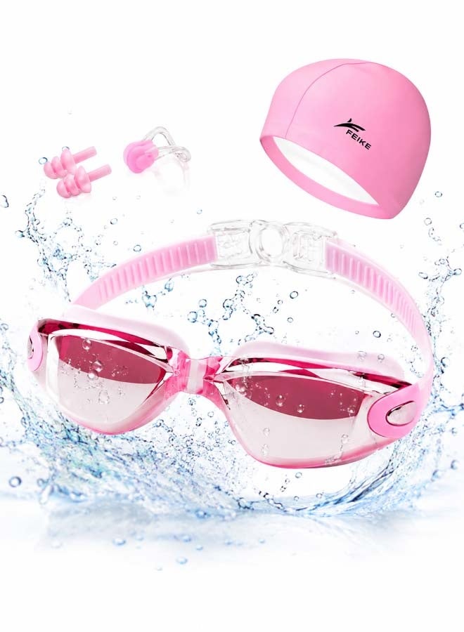 FEIKE Waterproof Swimming Goggles With Swim Cap , Earplugs and Storage Box Nose Clip for Water Sports such as Swimming, Boating, Surfing, and kayaking, Portable, Pink - Image 1