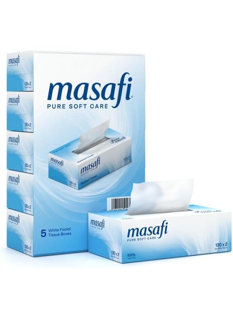 Masafi Pure Soft Care 130x2 Ply White Facial Tissues 5 Boxes - Soft, Strong and Absorbent - Made from 100% Paper Pulp - Image 1