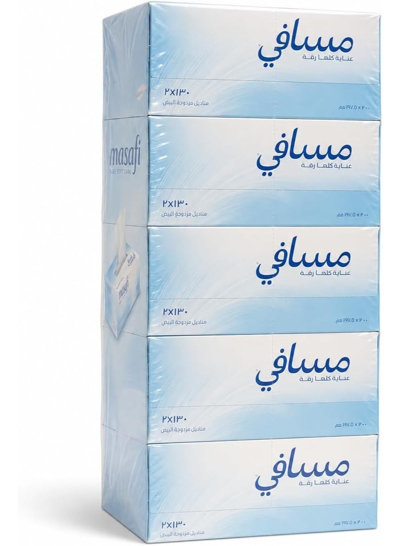 Masafi Pure Soft Care 130x2 Ply White Facial Tissues 5 Boxes - Soft, Strong and Absorbent - Made from 100% Paper Pulp - Image 4