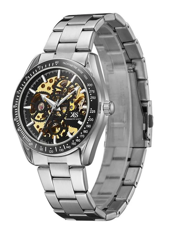 كينيث سكوت Kenneth Scott K22312-SBSB Men's Mechanical Display Watch & Stainless Steel Strap Silver