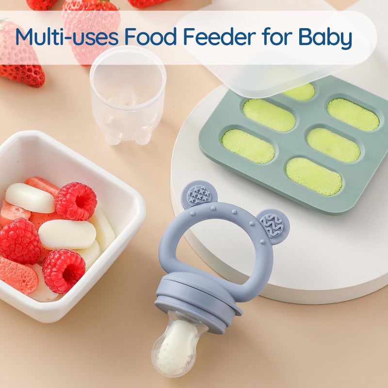 POIKSHARK 2 Pack Silicone Baby Fruit Feeder with Mini Freezer Tray, Baby Teethers, Breastmilk Popsicle Molds for Baby Teething Relief, Fresh Food Feeder for Safe Infant Self Feeding, Extra Food Pouches - Image 4
