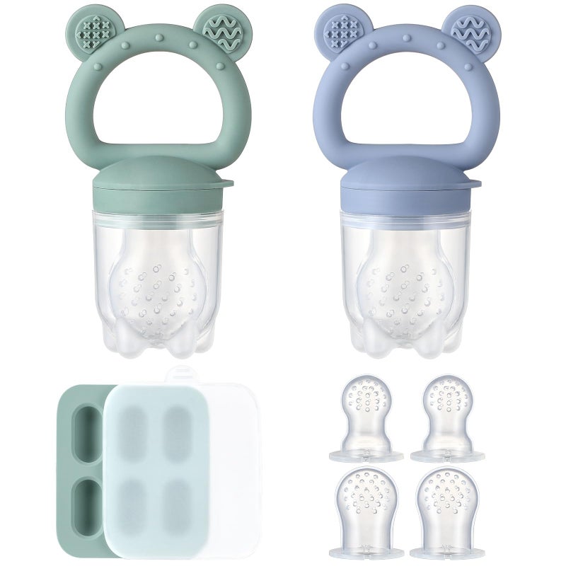 POIKSHARK 2 Pack Silicone Baby Fruit Feeder with Mini Freezer Tray, Baby Teethers, Breastmilk Popsicle Molds for Baby Teething Relief, Fresh Food Feeder for Safe Infant Self Feeding, Extra Food Pouches - Image 1