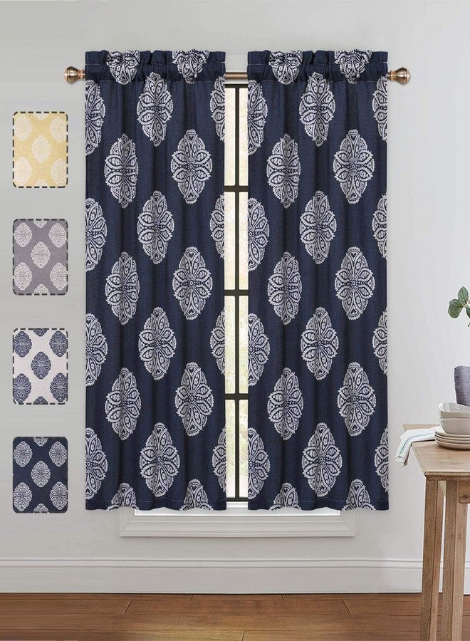 CAROMIO Cafe Curtains 45 Inch Length, Floral Medallion Damask Print Linen Blended Tier Curtains for Kitchen Cafe Bathroom Window Curtains, Dark Navy - Image 1