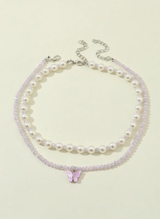 Take Two Pack of 2 - Girls Multi-Color Pearl and Butterfly Pendant Necklaces