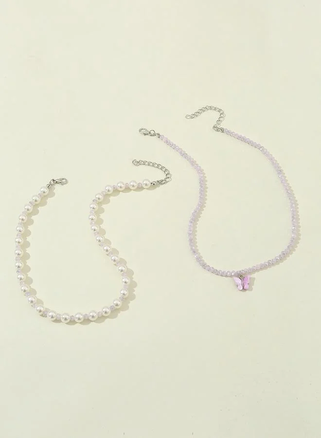Take Two Pack of 2 - Girls Multi-Color Pearl and Butterfly Pendant Necklaces