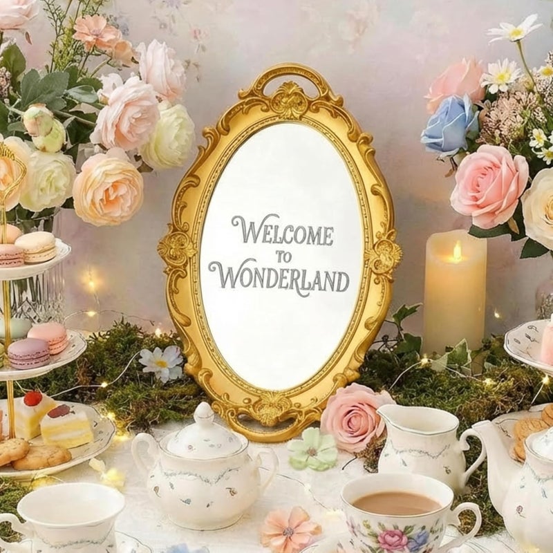 Threehoney 15 x 9.5 Inch Vintage Small Golden Mirror Welcome to Wonderland Transfer Sticker Oval Wall Decorative Mirror Hanging Gothic Antique for Wonderland Party Bedroom Living-Room Dresser Decor - Image 5