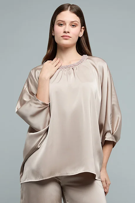 أر أند بي Embellished Top with Crew Neck and Batwing Sleeves