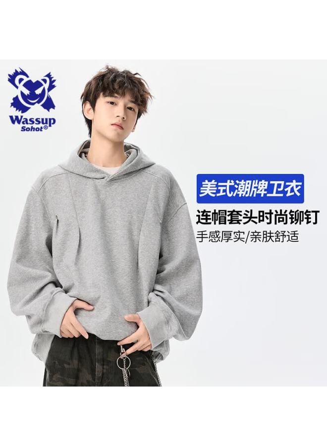 Wassup Sohot Men's Autumn Winter American Style Spiral Hoodie Jacket Trendy Versatile Top Cloud Gray L - Image 1