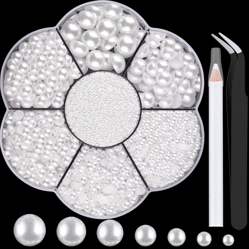Nail Art Flat Back Half Round Pearl Kits 3 Mixed Sizes 6000 Pcs White Small Pearls for Nails with Picking Tools for Graduation Cap Decorations Home DIY Body Face Craft Salon Use