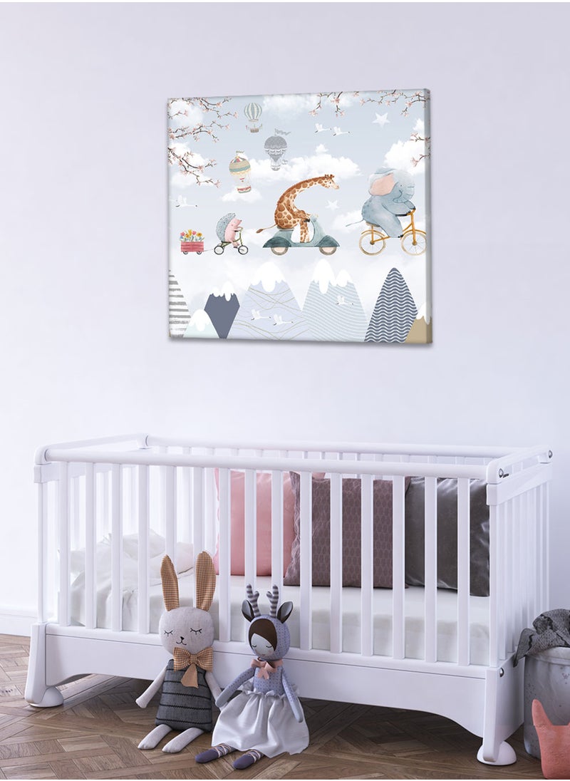 LOWHA Framed Canvas Wall Art Stretched Over Wooden Frame, Elephant And Friends On Bicycles Painting, For Home, Living Room, Office Decor  - Image 1