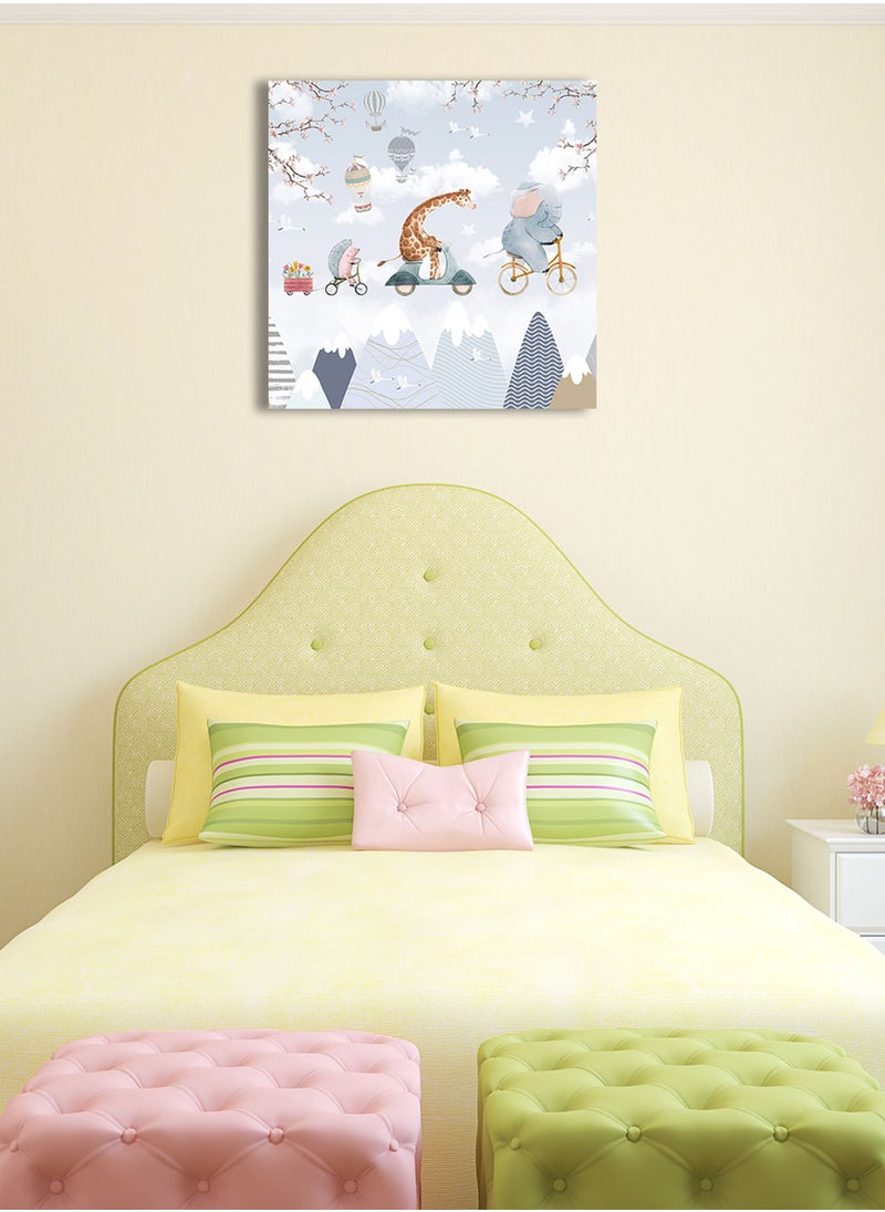 LOWHA Framed Canvas Wall Art Stretched Over Wooden Frame, Elephant And Friends On Bicycles Painting, For Home, Living Room, Office Decor  - Image 3