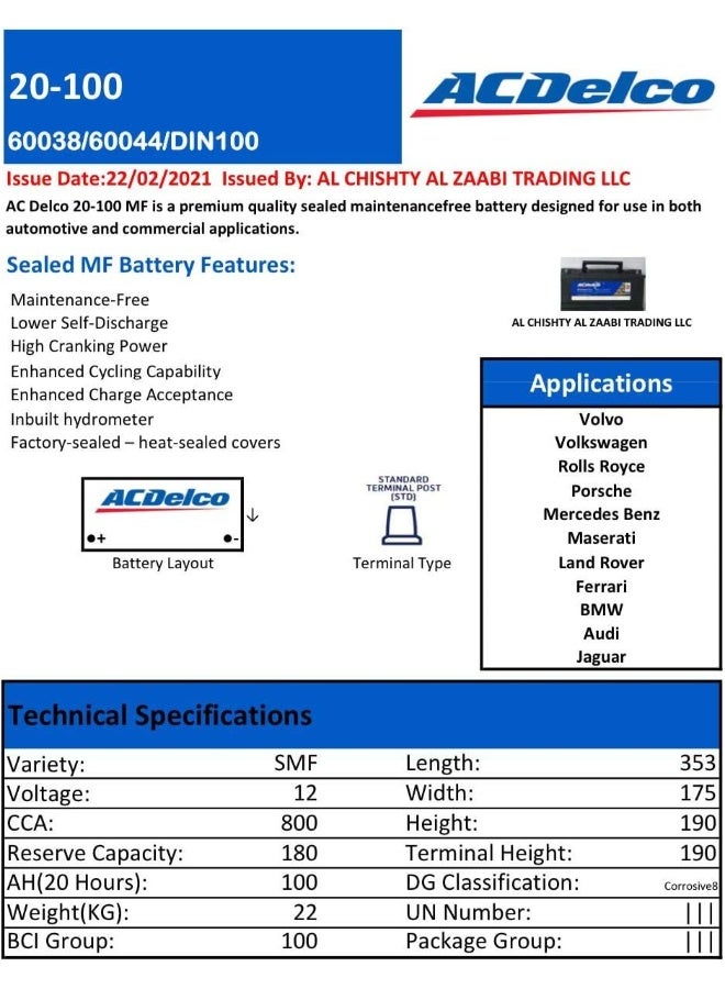 Ac Delco AC Delco Car Battery 20-100 12V 100AH 60038 60044 - Image 5