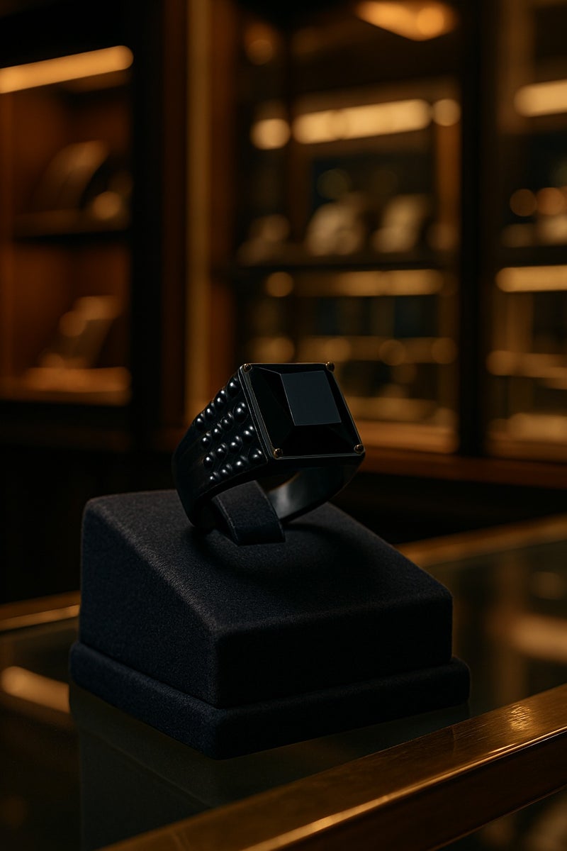 روماد خاتم رجالي أسود أنيق بحجر أسود مسقول يعكس الفخامة والغموض. - Image 3