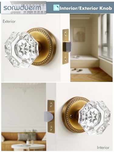 SORWDUERM Antique Brass Door Knobs Crystal Door Knob Passage Door Knobs Glass Interior Door Knob for Hall and Closet 1 Pack - Image 5