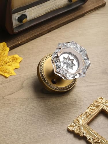 SORWDUERM Antique Brass Door Knobs Crystal Door Knob Passage Door Knobs Glass Interior Door Knob for Hall and Closet 1 Pack - Image 2