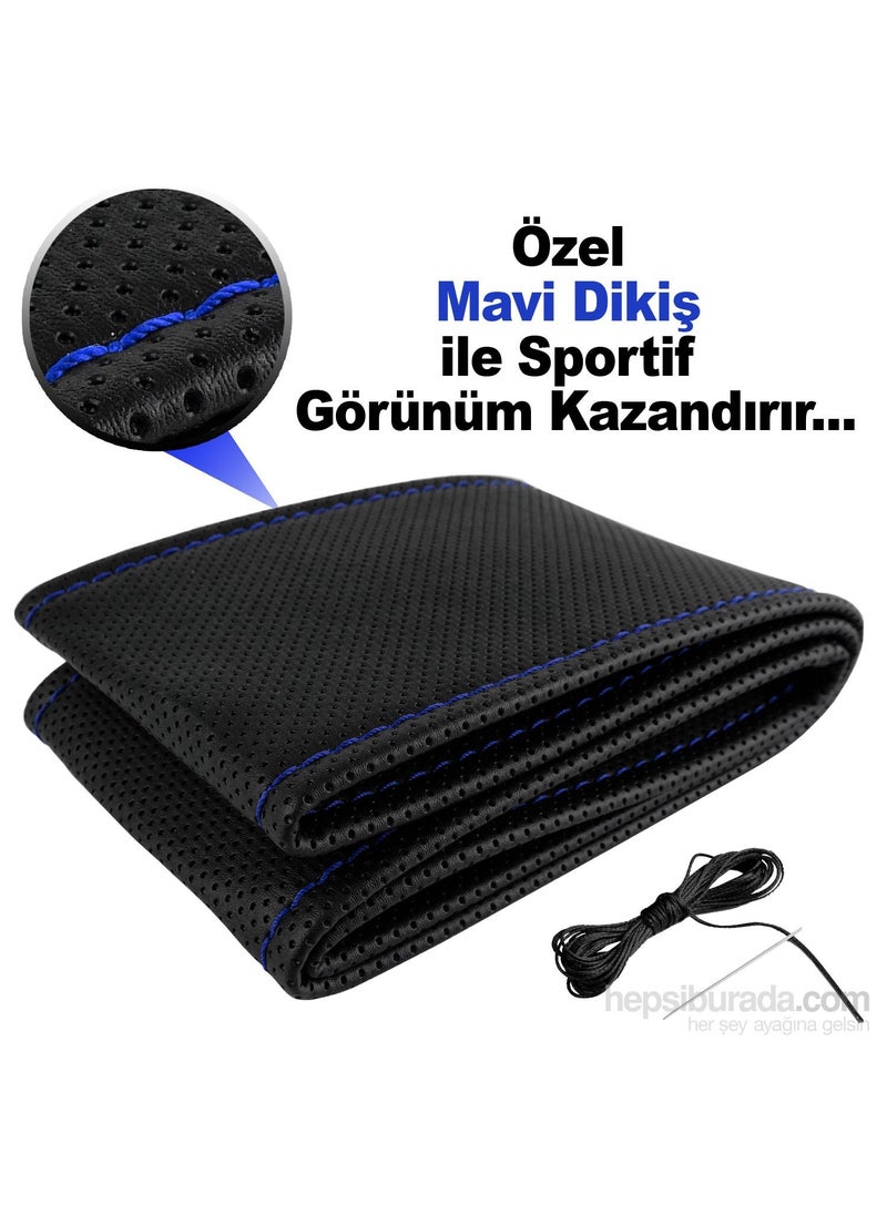 Automix Fox Stitched Dot 38 Cm Black Steering Wheel Cover with Blue Stitching Lined  - Image 3