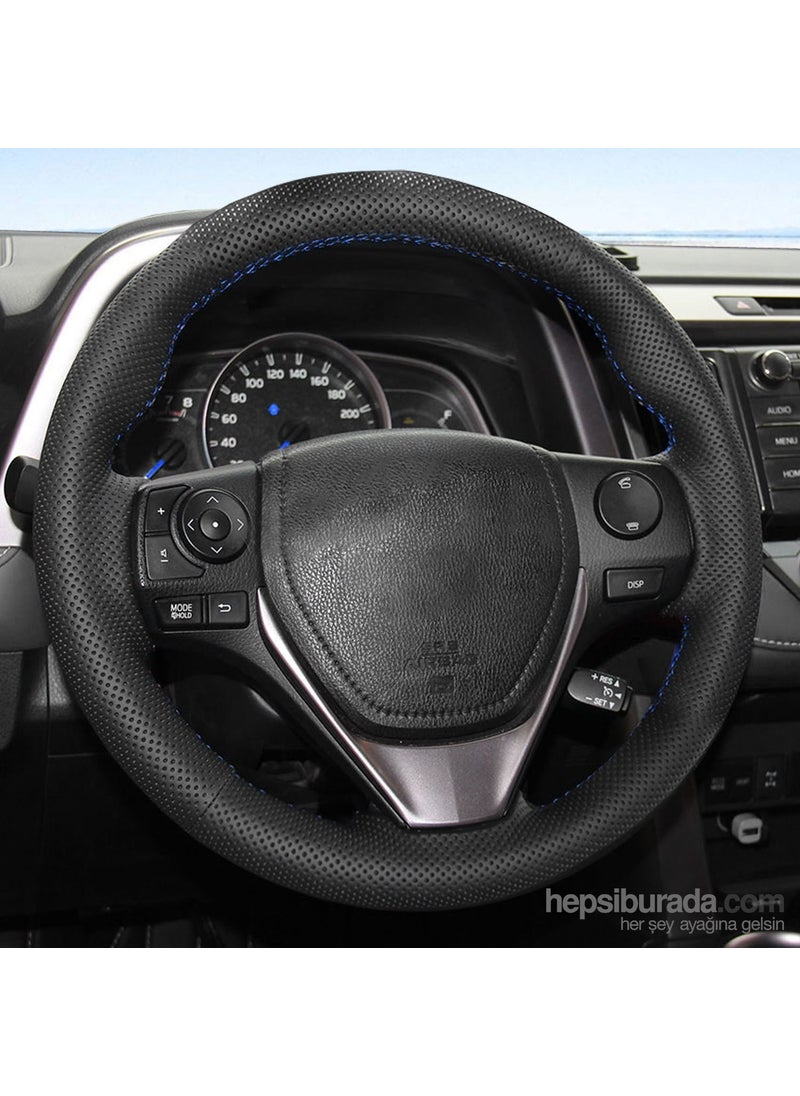 Automix Fox Stitched Dot 38 Cm Black Steering Wheel Cover with Blue Stitching Lined  - Image 1