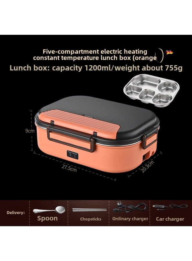 Electric Lunch Box Water Injection-free Heating Plug-in Electric Car Insulation Large Capacity Food Separated Hot Lunch Box-Specifications:(Orange) Electric Lunch Box Five Grids * With Spoon - Image 1