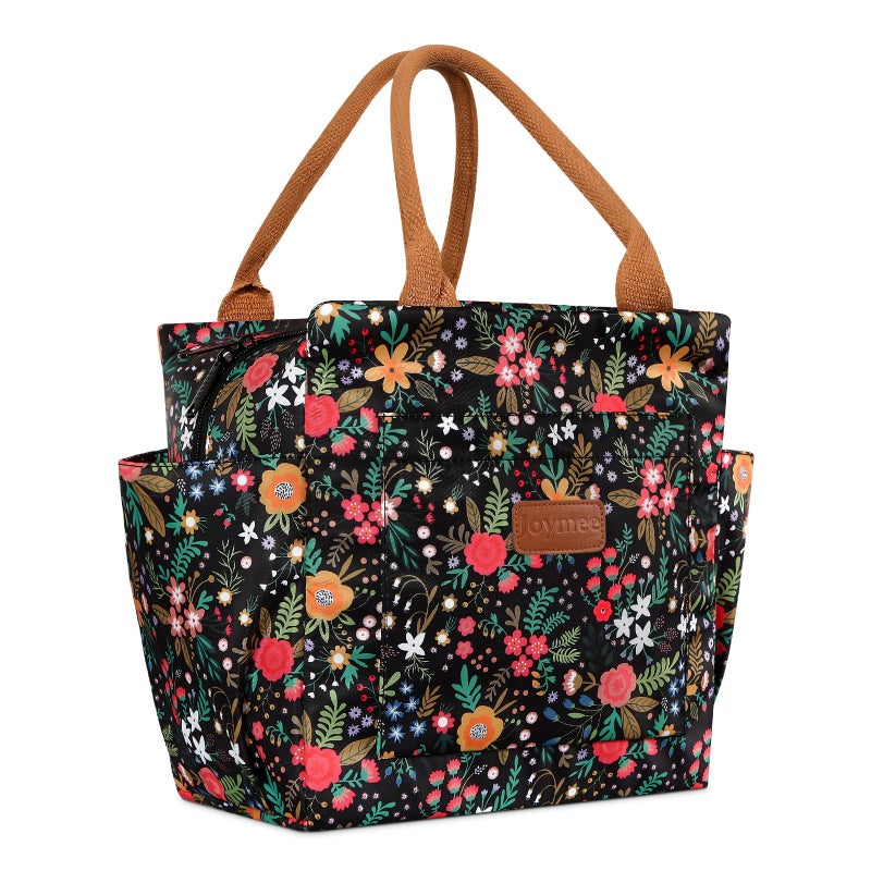 Joymee Lunch Bag Women Insulated Lunch Box Reusable Leakproof Large Spacious Cooler Tote for Womens Mens Adults with Bottle Holder and Side Pockets for Work Office Travel Picnic  MultiFloral