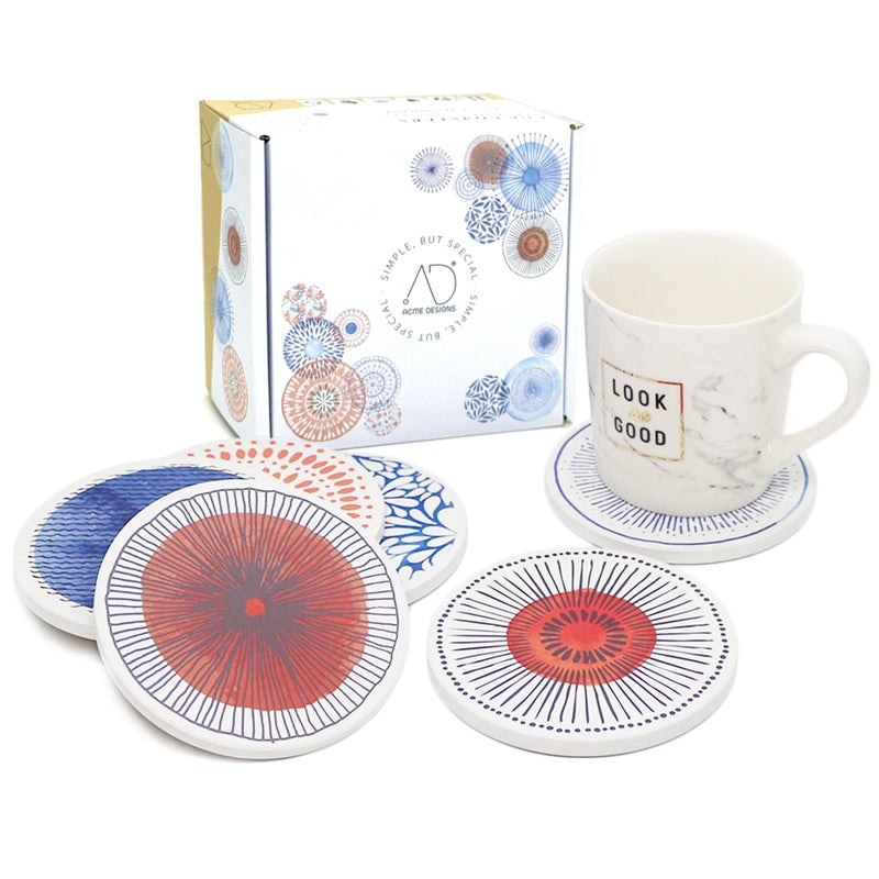 AD AD Set of 6 Coasters for Drinks Absorbing Round Ceramic Stone Coaster with Cork Base Tabletop Protection Mat for Mugs and Cups Office Kitchen (Colorful 2 with Holder)  - Image 4