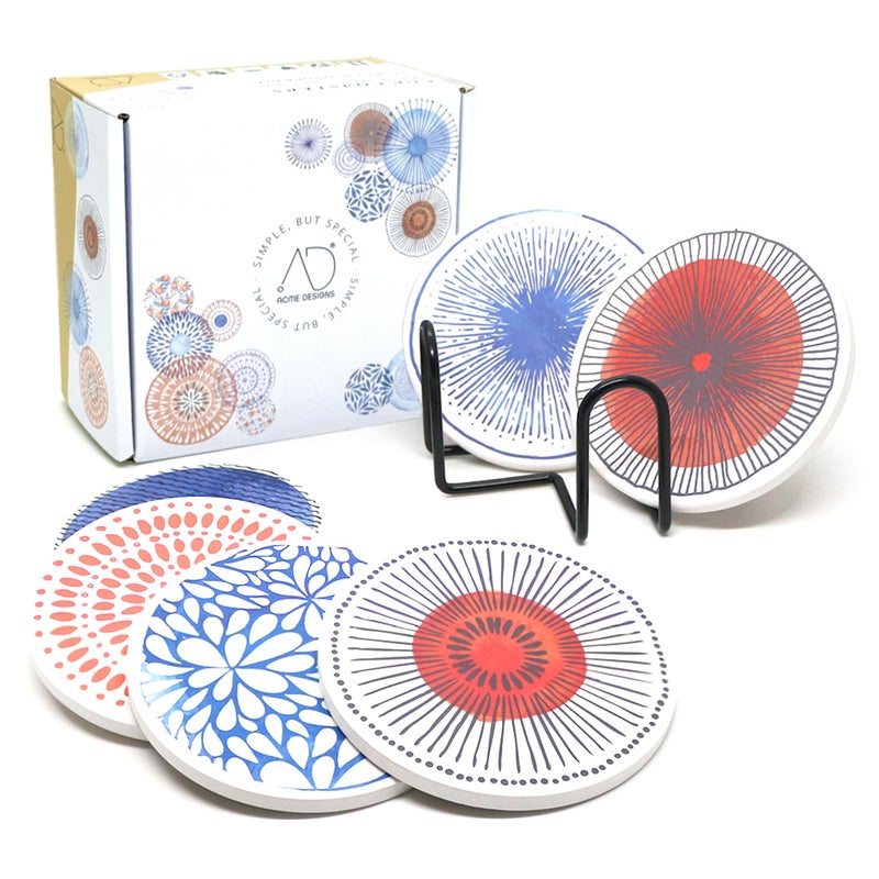 AD AD Set of 6 Coasters for Drinks Absorbing Round Ceramic Stone Coaster with Cork Base Tabletop Protection Mat for Mugs and Cups Office Kitchen (Colorful 2 with Holder)  - Image 1