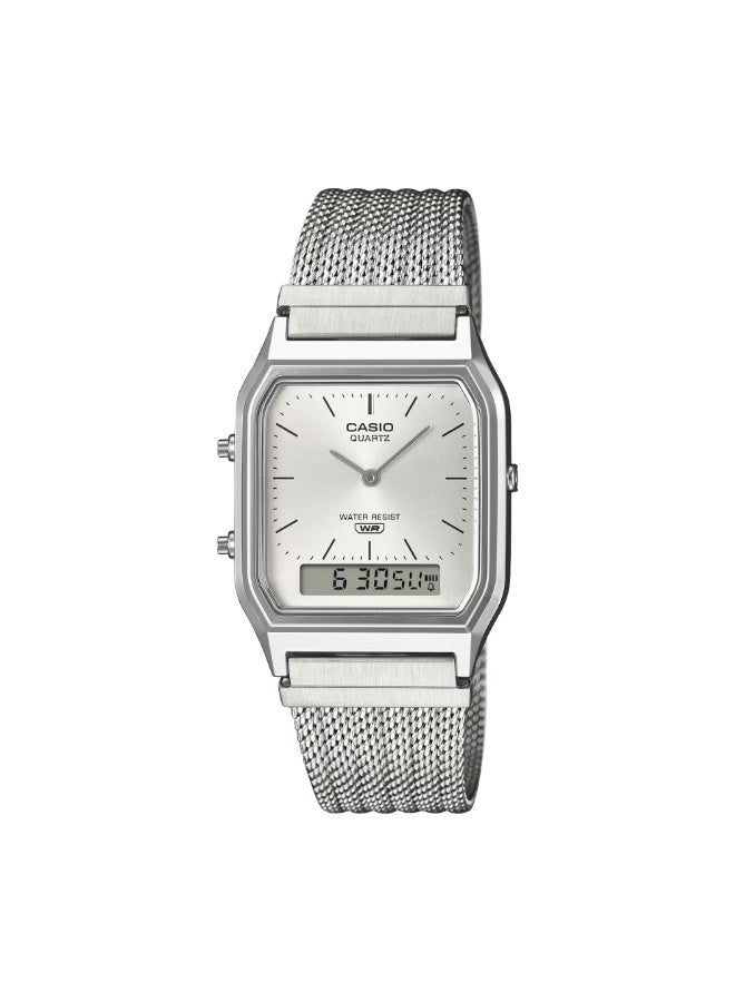 CASIO AQ-230EM-7ADF Analog-Digital Watch – Silver Dial, Vintage Retro Style, Mesh Bracelet, Everyday & Smart Casual Wear - Image 1