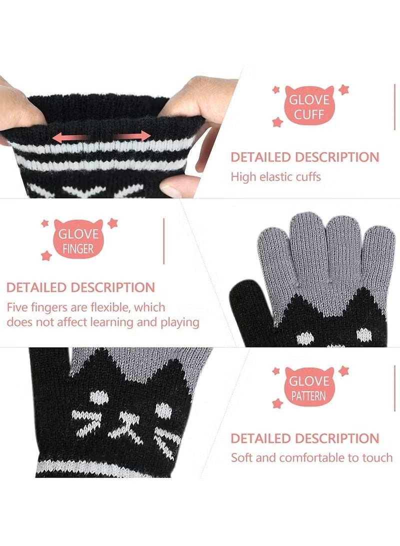 2 Pairs Kids Winter Gloves Warm Knitted Soft Gloves Cute Cat Thermal Full Fingers Stretch Gloves Outdoor School Costume Daily Wearing for Boys Girls 3-8 Years Old (Black+Pink) - Image 2
