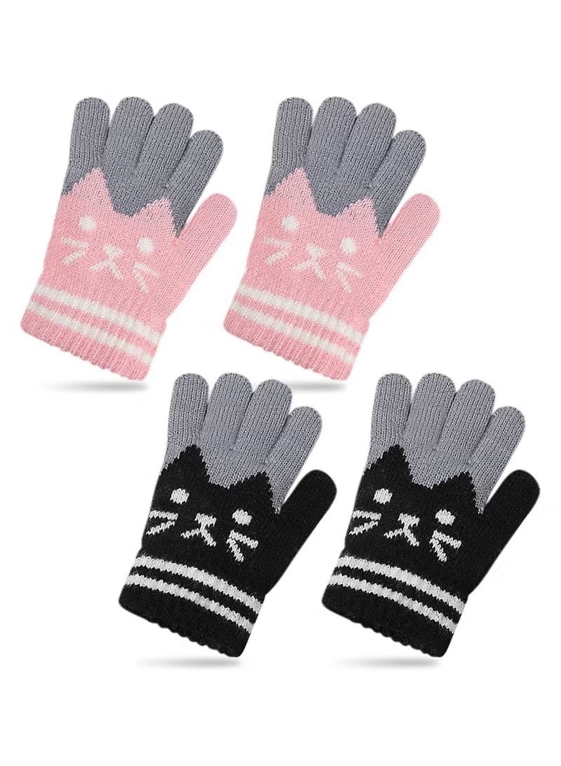 2 Pairs Kids Winter Gloves Warm Knitted Soft Gloves Cute Cat Thermal Full Fingers Stretch Gloves Outdoor School Costume Daily Wearing for Boys Girls 3-8 Years Old (Black+Pink) - Image 1