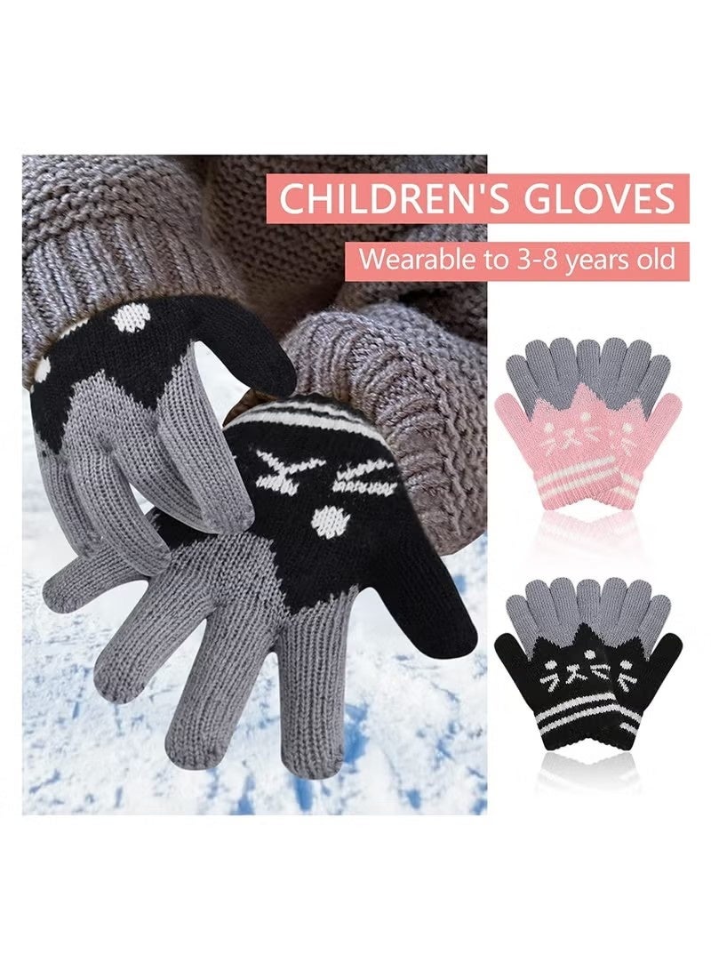 2 Pairs Kids Winter Gloves Warm Knitted Soft Gloves Cute Cat Thermal Full Fingers Stretch Gloves Outdoor School Costume Daily Wearing for Boys Girls 3-8 Years Old (Black+Pink) - Image 3