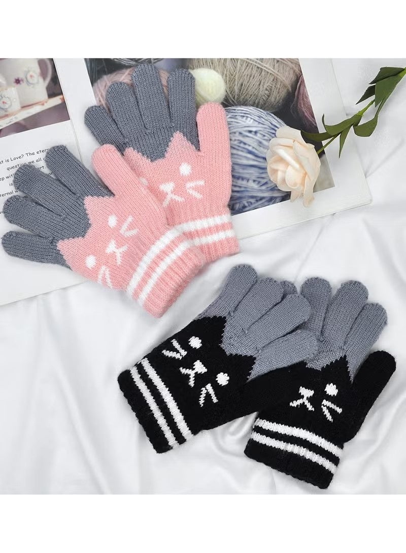 2 Pairs Kids Winter Gloves Warm Knitted Soft Gloves Cute Cat Thermal Full Fingers Stretch Gloves Outdoor School Costume Daily Wearing for Boys Girls 3-8 Years Old (Black+Pink) - Image 5