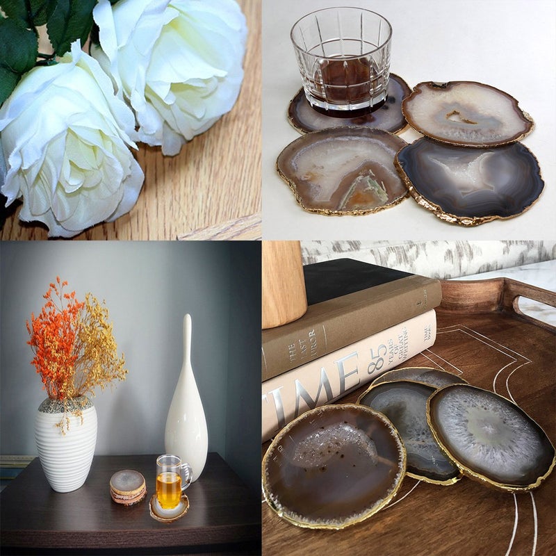 JIC Gem Golden Plated Natural Agate Coasters  6 pcs Set  3-4""  with Rubber Bumper - Image 5